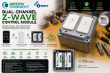 Green Connect Z-Wave dual-channel control module kit shown on a collage-style product graphic with multiple views of the electronic control unit, wiring diagrams, feature icons, and tools on a workbench background.